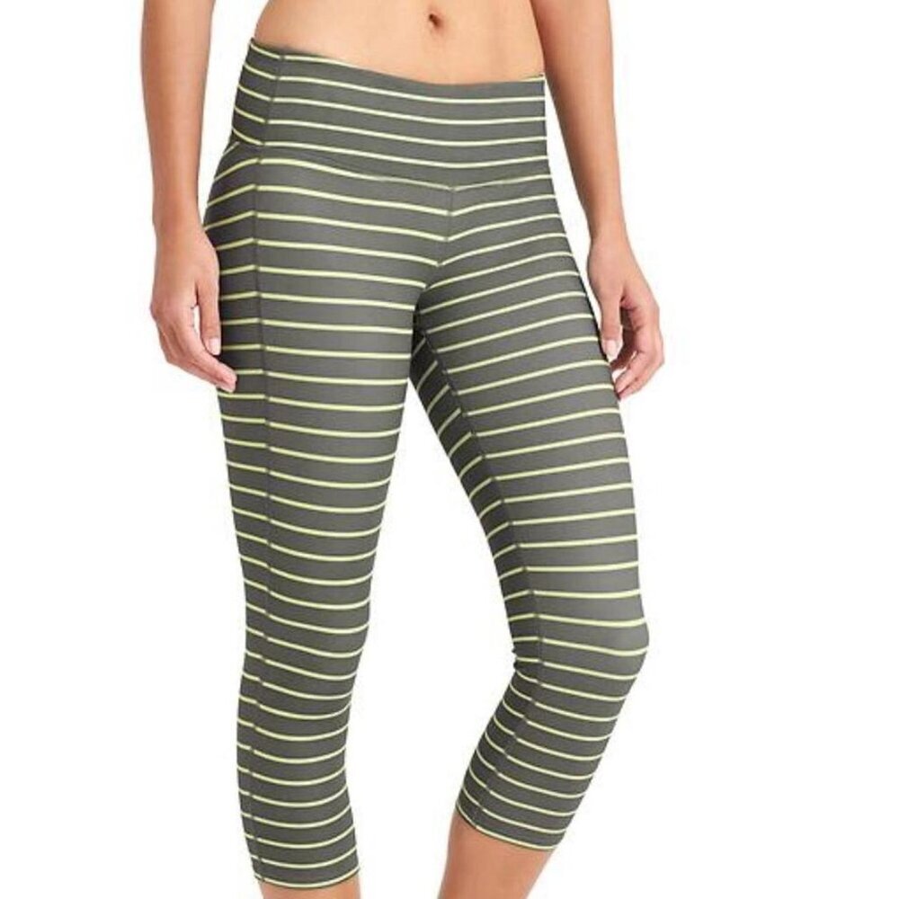 Athleta‎ Chaturanga Gray Lime Green Striped Capri Leggings XS